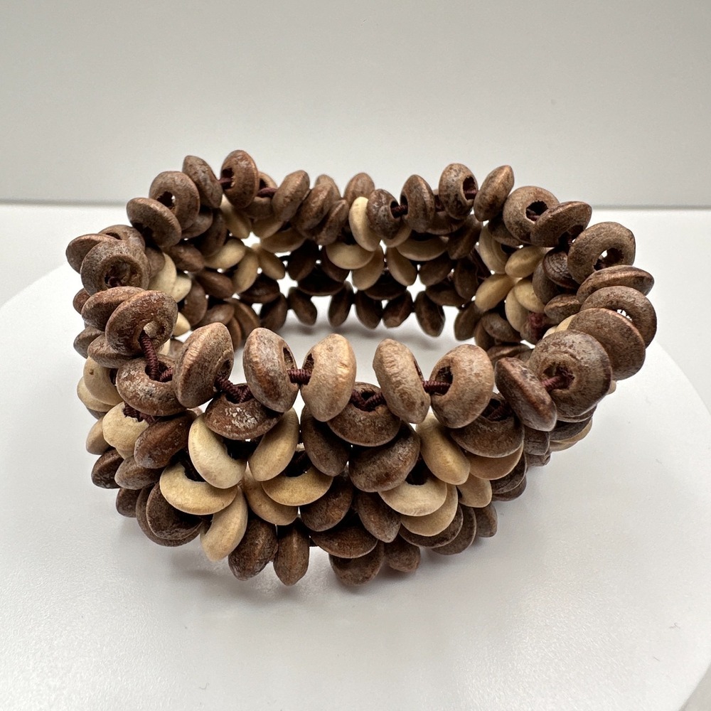 Vintage 90s Boho Wood Bead Stretch Bracelet Floral Women's Jewelry
